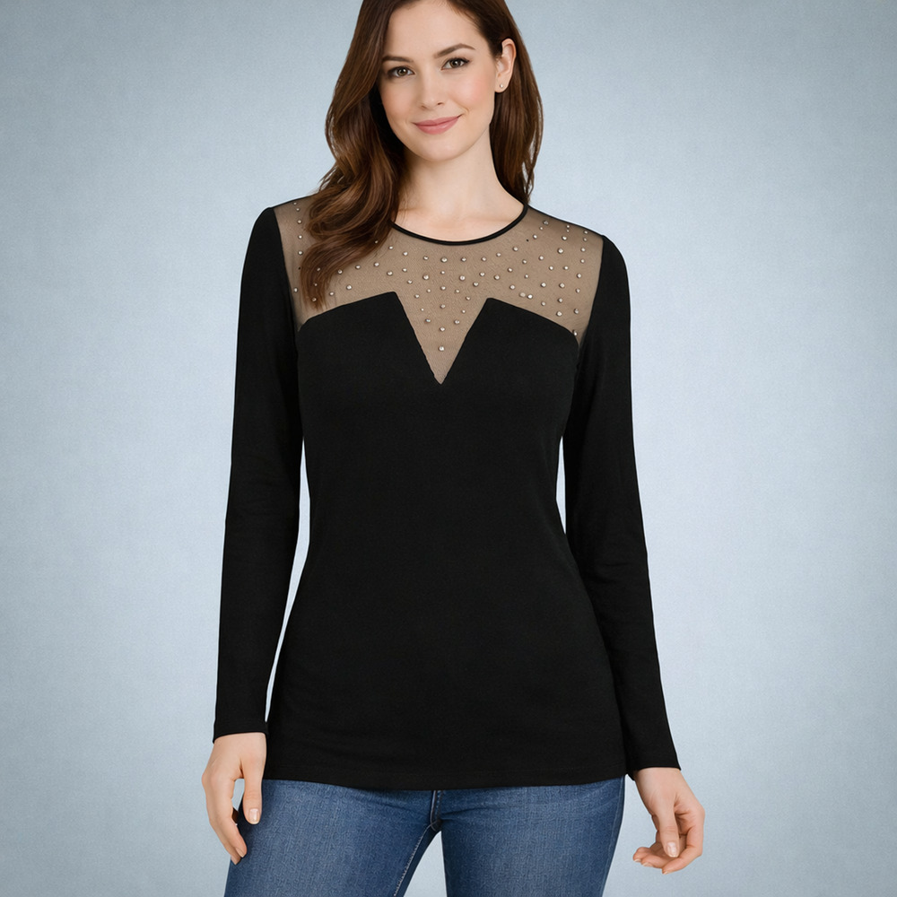 Boston Proper Size Small S Black Rhinestone Mesh Crew Neck Long Sleeve Knit Top